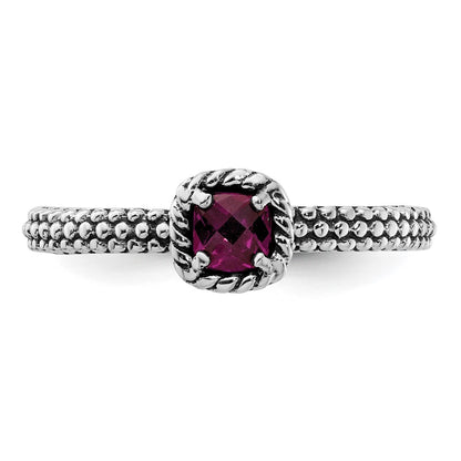 Sterling Silver Stackable Expressions Checker Cut Rhodolite Garnet Ring