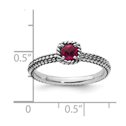 Sterling Silver Stackable Expressions Checker Cut Cr Ruby Antiqued Ring