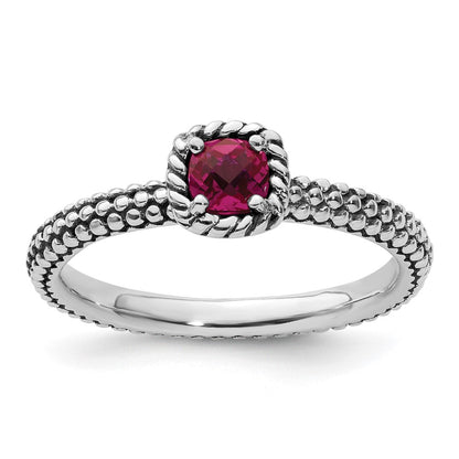 Sterling Silver Stackable Expressions Checker Cut Cr Ruby Antiqued Ring