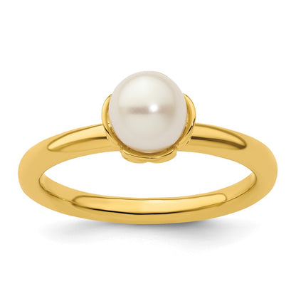 Sterling Silver Stack Exp. White Fw Cultured Pearl Gold Plated Ring