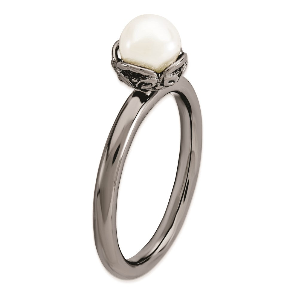 Sterling Silver Stack Exp. White Fw Cultured Pearl Black Plate Ring
