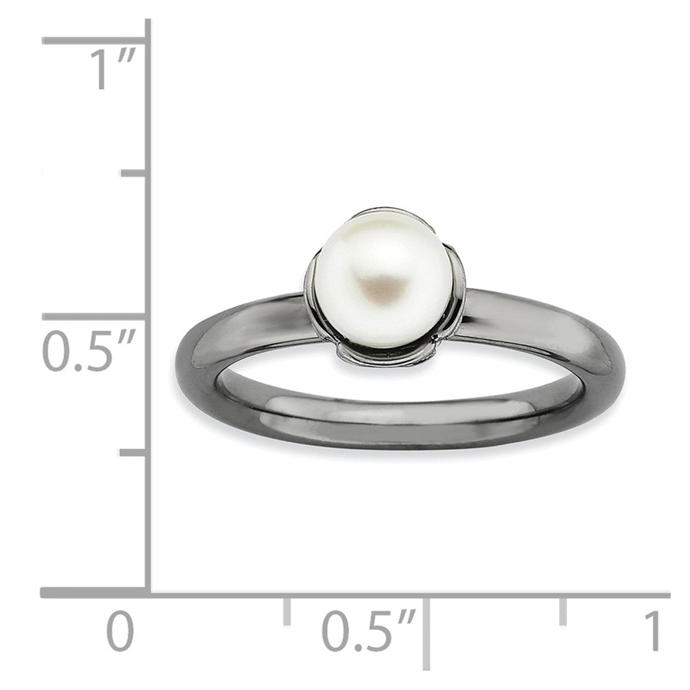 Sterling Silver Stack Exp. White Fw Cultured Pearl Black Plate Ring