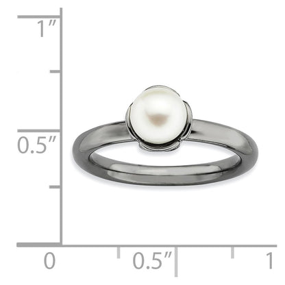 Sterling Silver Stack Exp. White Fw Cultured Pearl Black Plate Ring
