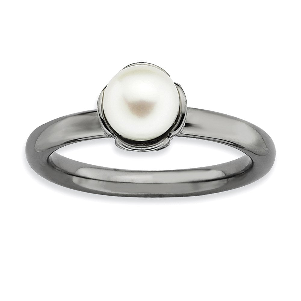 Sterling Silver Stack Exp. White Fw Cultured Pearl Black Plate Ring