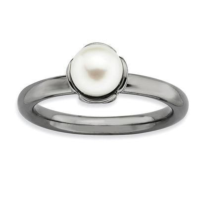 Sterling Silver Stack Exp. White Fw Cultured Pearl Black Plate Ring
