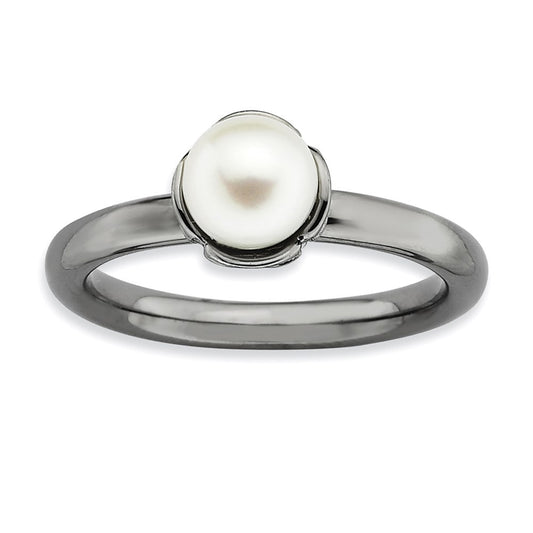 Sterling Silver Stack Exp. White Fw Cultured Pearl Black Plate Ring