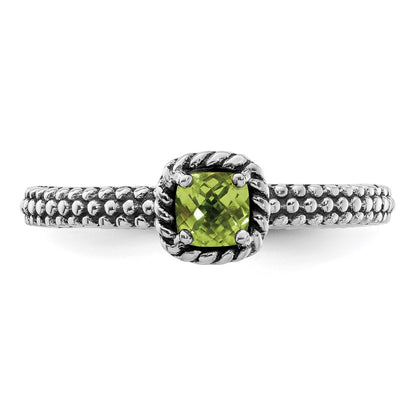 Sterling Silver Stackable Expressions Checker Cut Peridot Antiqued Ring