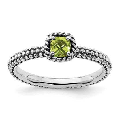 Sterling Silver Stackable Expressions Checker Cut Peridot Antiqued Ring