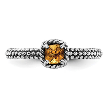 Sterling Silver Stackable Expressions Checker Cut Citrine Antiqued Ring