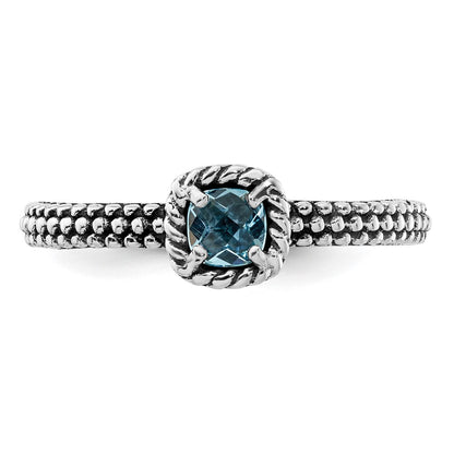 Sterling Silver Stackable Expressions Checker Cut Blue Topaz Antiqued Ring