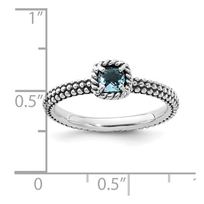Sterling Silver Stackable Expressions Checker Cut Blue Topaz Antiqued Ring