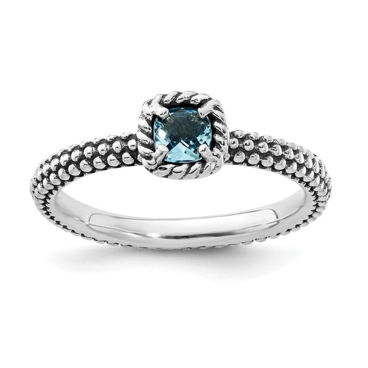 Sterling Silver Stackable Expressions Checker Cut Blue Topaz Antiqued Ring