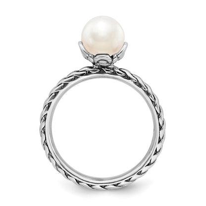 Sterling Silver Stack Exp. 7.0 7.5mm White Fw Cultured Pearl Ring