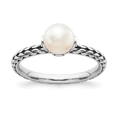 Sterling Silver Stack Exp. 7.0 7.5mm White Fw Cultured Pearl Ring