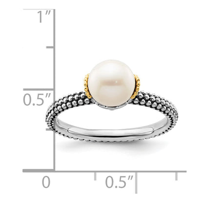 14K/Silver Two Tone Sterling Silver & 14K Stack Exp. 7.0 7.5mm White Fw Cultured Pearl Ring