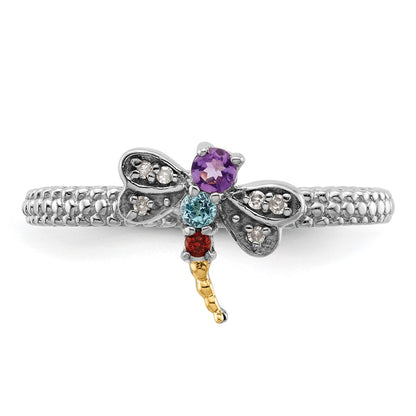 14K/Silver Two Tone Sterling Silver&14K Stackable Expressions Gemstone & Diamond Dragonfly Ring