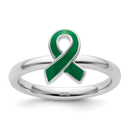 Sterling Silver Stackable Expressions Green Enameled Awareness Ribbon Ring