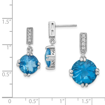 Sterling Silver Rhod-Plated Blue And Clear Cz Pendant Earring Set