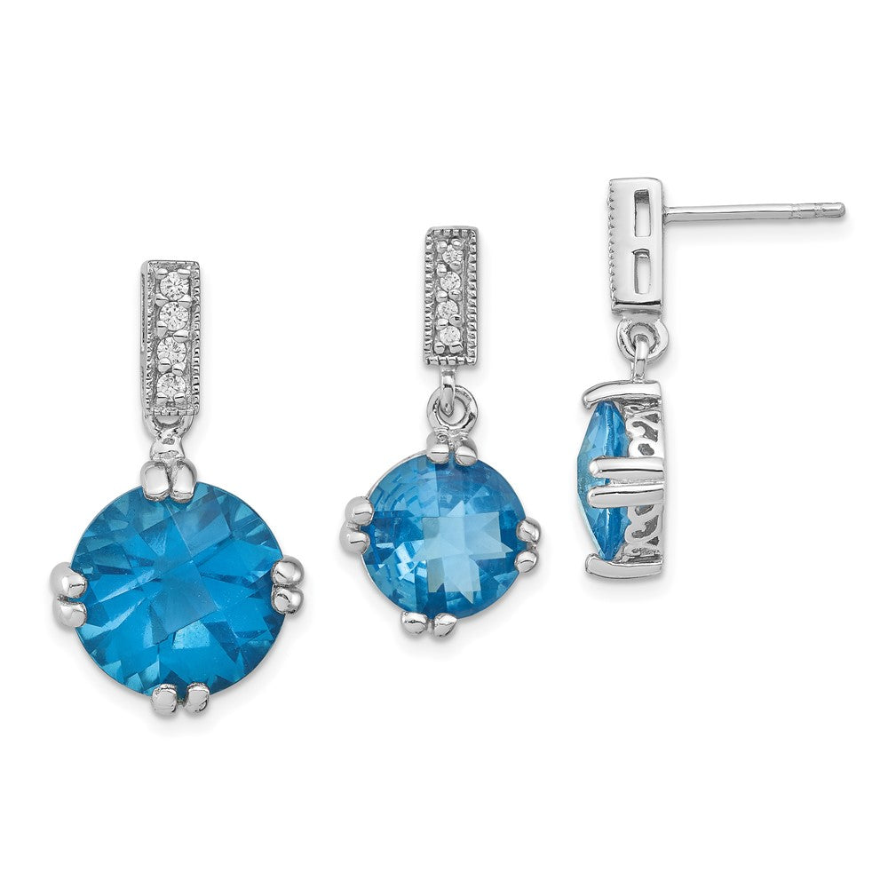Sterling Silver Rhod-Plated Blue And Clear Cz Pendant Earring Set
