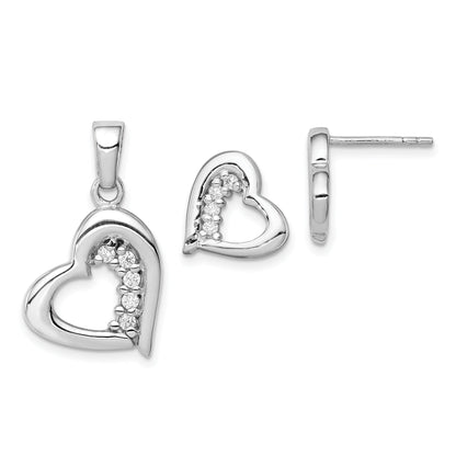 Sterling Silver Rhodium-Plated Cz Heart Earring And Pendant Set