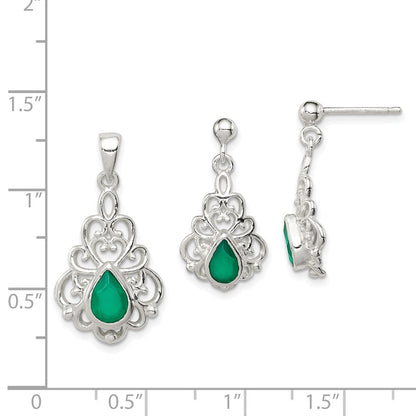 Sterling Silver Polished Green Agate Pendant And Post Earrings Set
