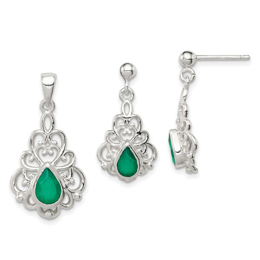 Sterling Silver Polished Green Agate Pendant And Post Earrings Set