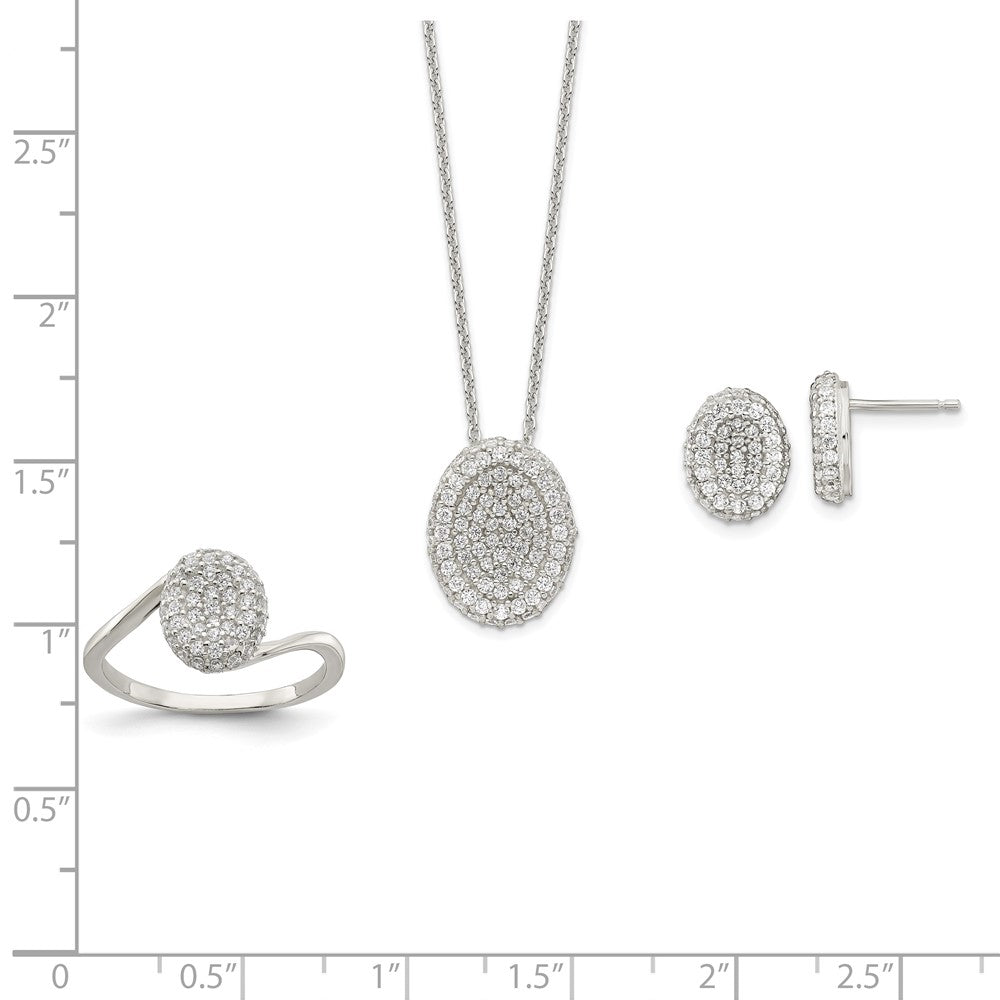 Sterling Silver 16 In W/1.5 Ext. Cz Oval Necklace, Earrings, Ring Set
