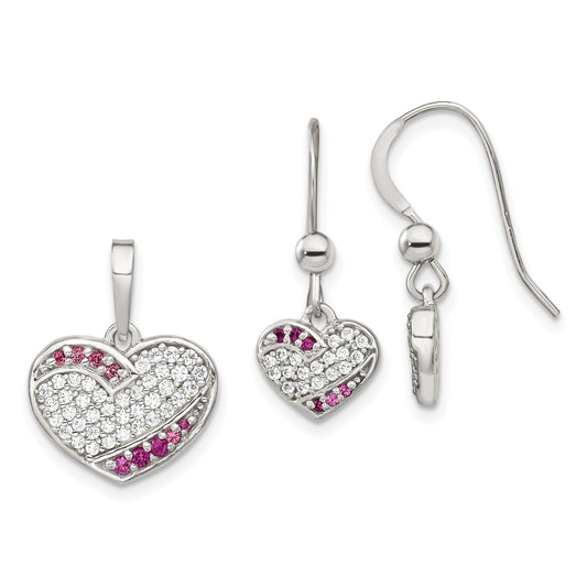 Sterling Silver Rhodium-Plated Cz Heart Dangle Earring & Pendant Set