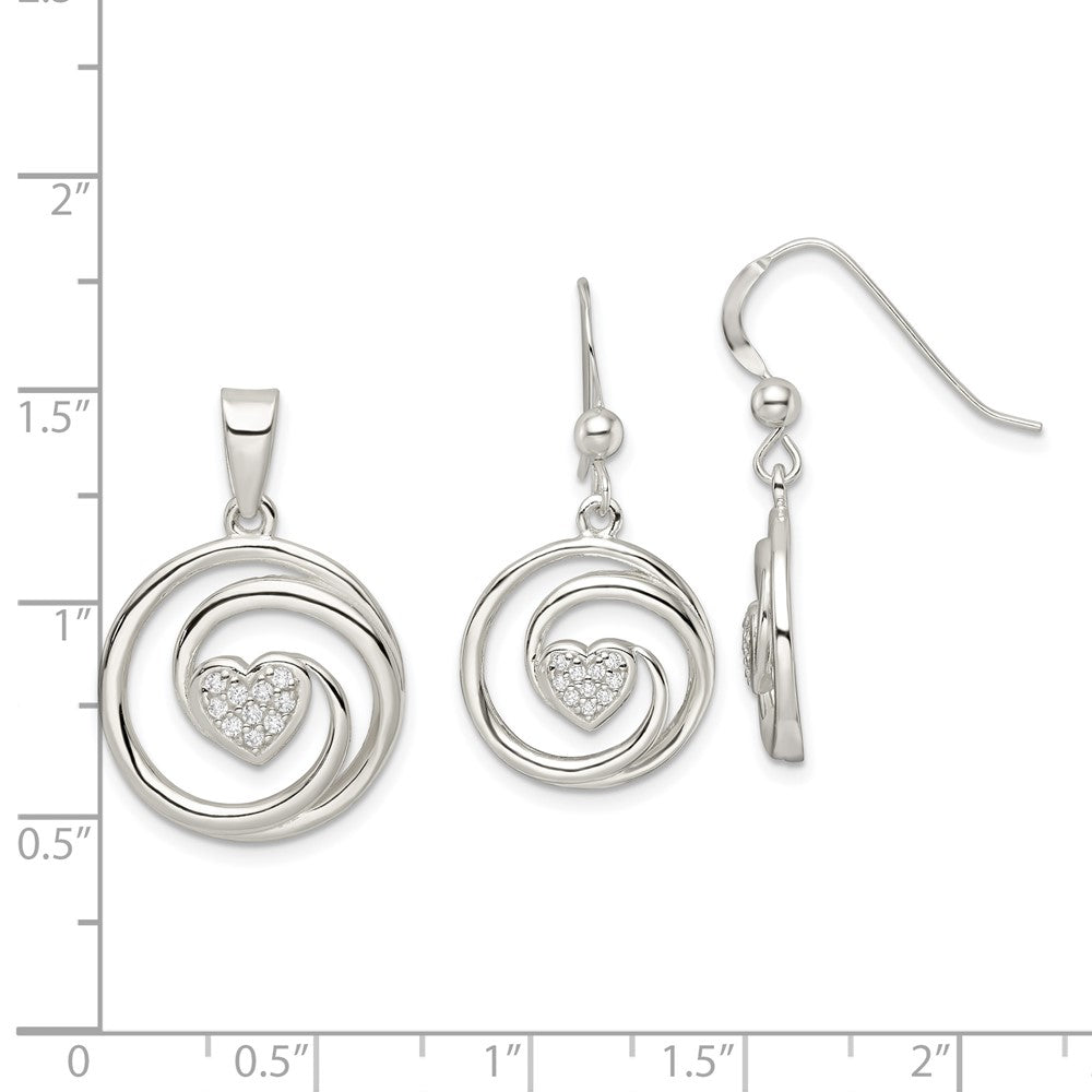 Sterling Silver Cz Heart In Circle Pendant And Earrings Set
