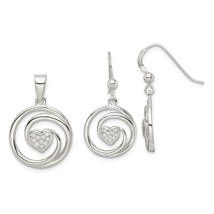 Sterling Silver Cz Heart In Circle Pendant And Earrings Set