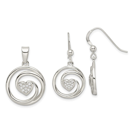 Sterling Silver Cz Heart In Circle Pendant And Earrings Set