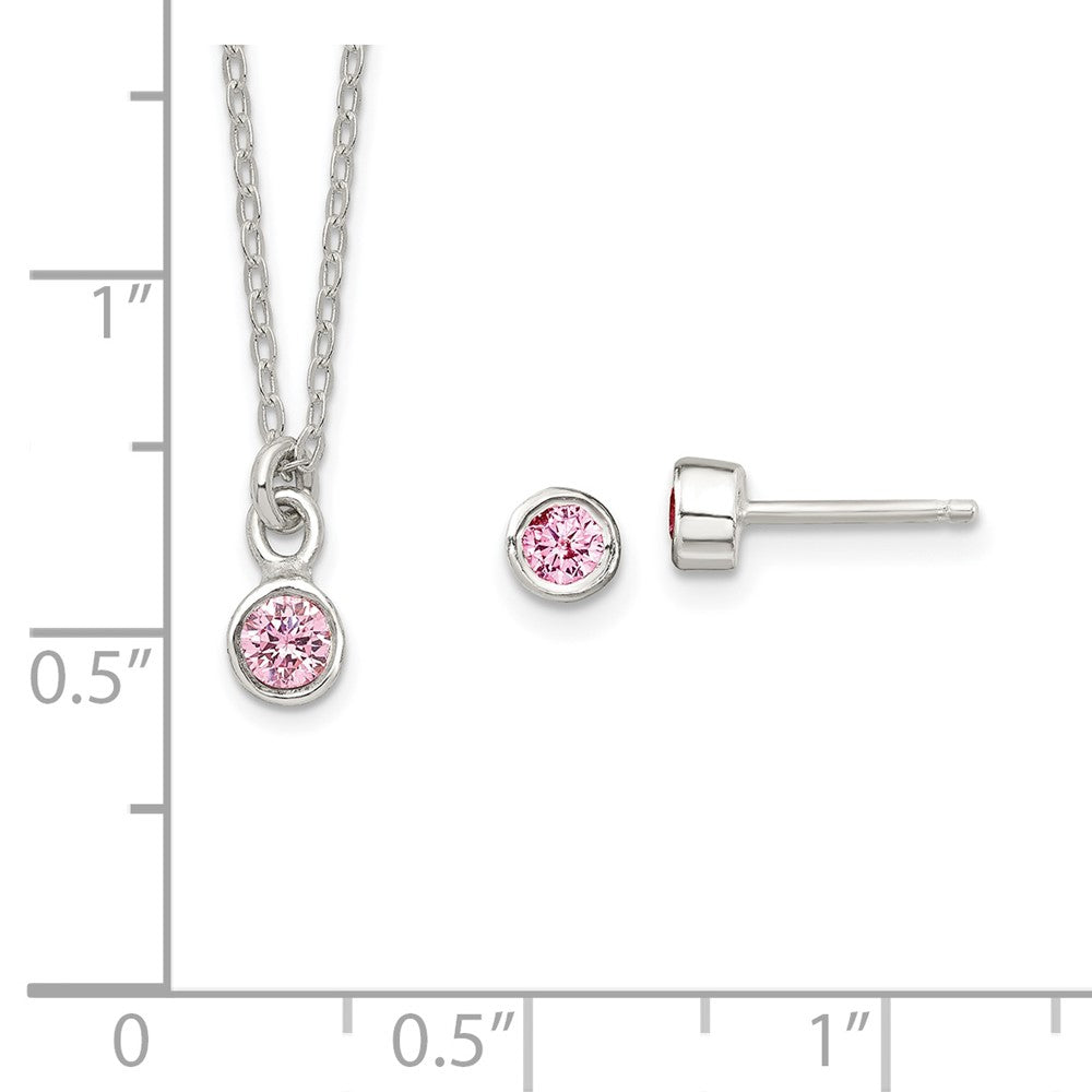 Sterling Silver Polished Pink Bezel Set Cz Children'S 14In Necklace And Stud Earrings