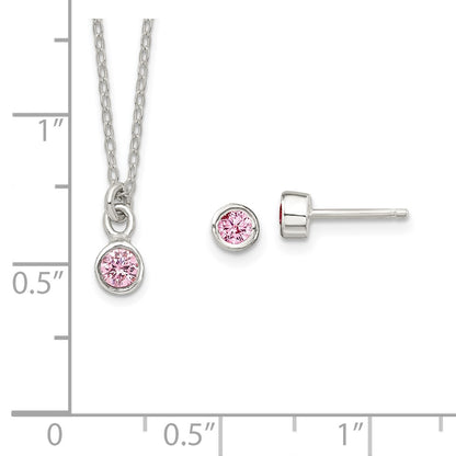 Sterling Silver Polished Pink Bezel Set Cz Children'S 14In Necklace And Stud Earrings