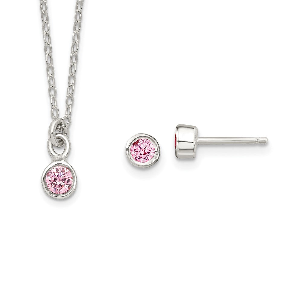 Sterling Silver Polished Pink Bezel Set Cz Children'S 14In Necklace And Stud Earrings