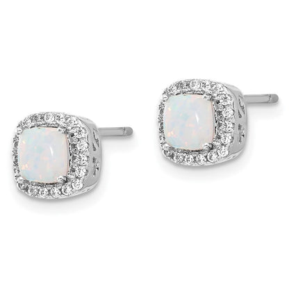 Sterling Silver Rhodium Plated CZ and Created Opal Halo Pendant and Earring Set