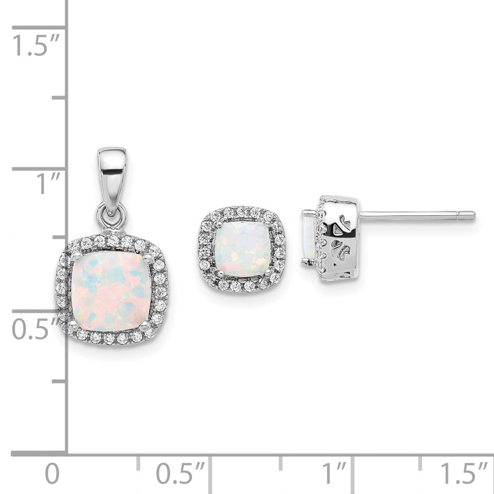 Sterling Silver Rhodium Plated CZ and Created Opal Halo Pendant and Earring Set