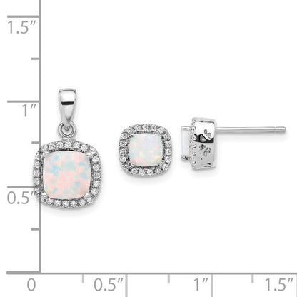 Sterling Silver Rhodium Plated CZ and Created Opal Halo Pendant and Earring Set