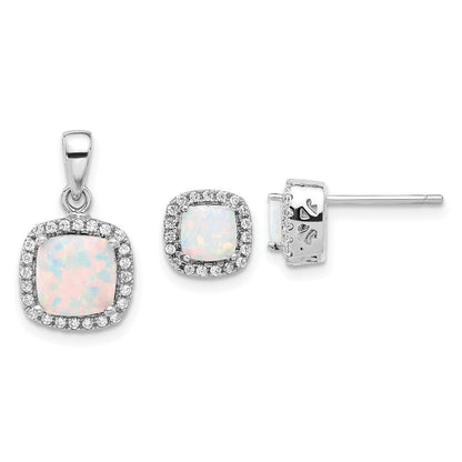 Sterling Silver Rhodium Plated CZ and Created Opal Halo Pendant and Earring Set