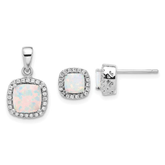 Sterling Silver Rhodium Plated CZ and Created Opal Halo Pendant and Earring Set
