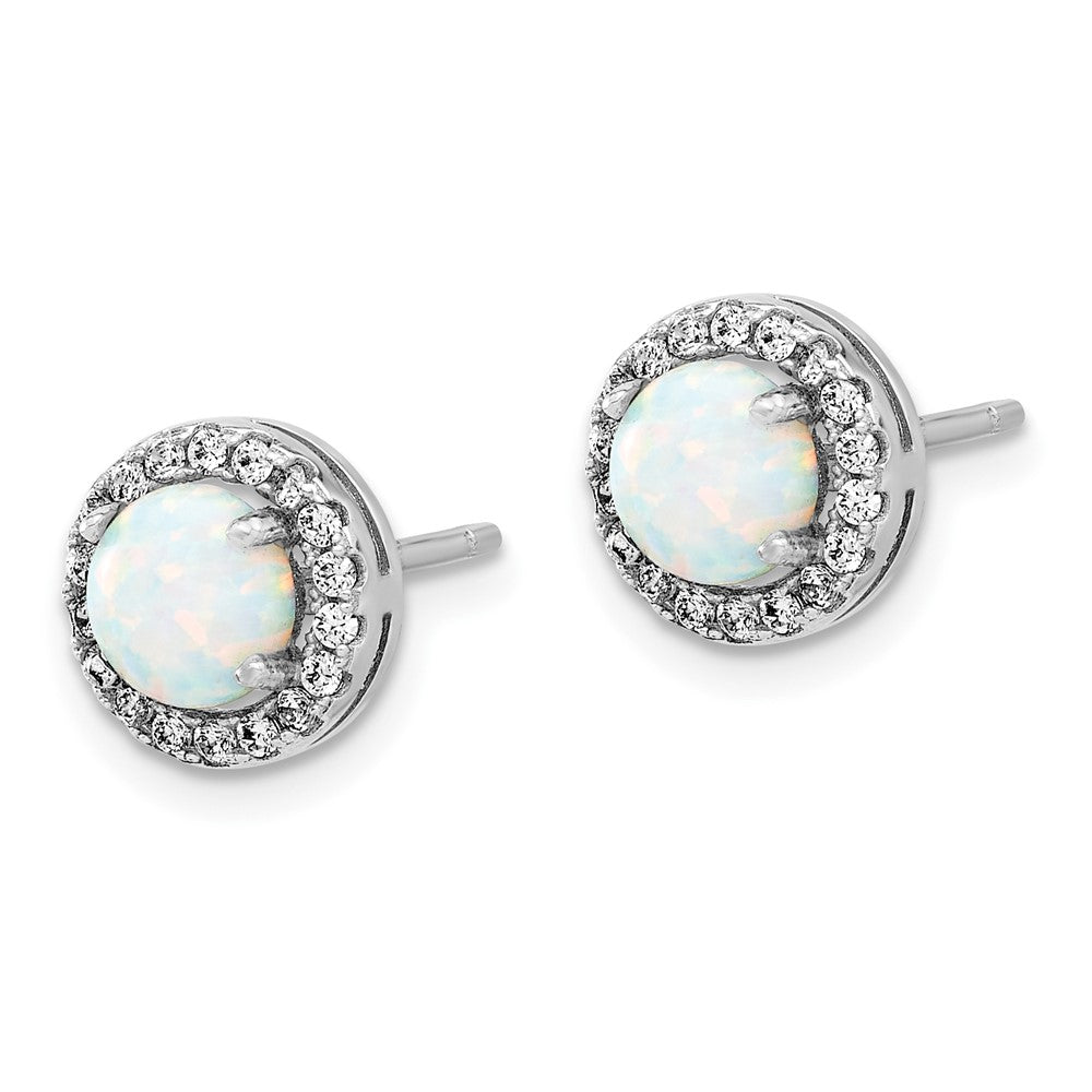 Sterling Silver Rhodium Plated CZ and Created Opal Halo Pendant and Earring Set
