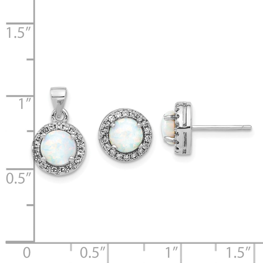 Sterling Silver Rhodium Plated CZ and Created Opal Halo Pendant and Earring Set