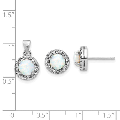Sterling Silver Rhodium Plated CZ and Created Opal Halo Pendant and Earring Set