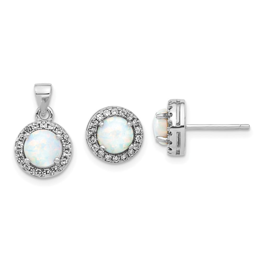 Sterling Silver Rhodium Plated CZ and Created Opal Halo Pendant and Earring Set