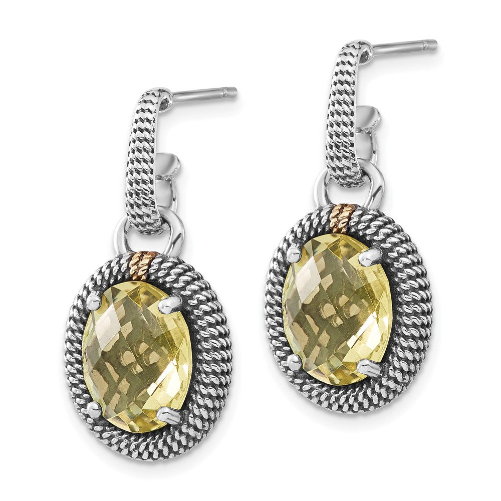 14K/Silver Two-Tone Sterling Silver W/14K Accent Polished & Antiqued Oval Lemon Quartz Post Dangle Earrings