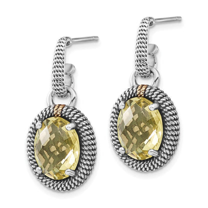 14K/Silver Two-Tone Sterling Silver W/14K Accent Polished & Antiqued Oval Lemon Quartz Post Dangle Earrings