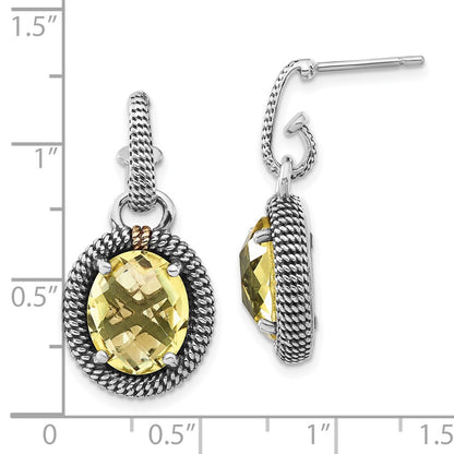 14K/Silver Two-Tone Sterling Silver W/14K Accent Polished & Antiqued Oval Lemon Quartz Post Dangle Earrings