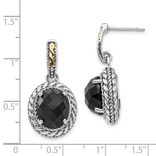 14K/Silver Two-Tone Shey Couture Sterling Silver With 14K Accent Antiqued Checkerboard-Cut Black Onyx Post Dangle Earrings