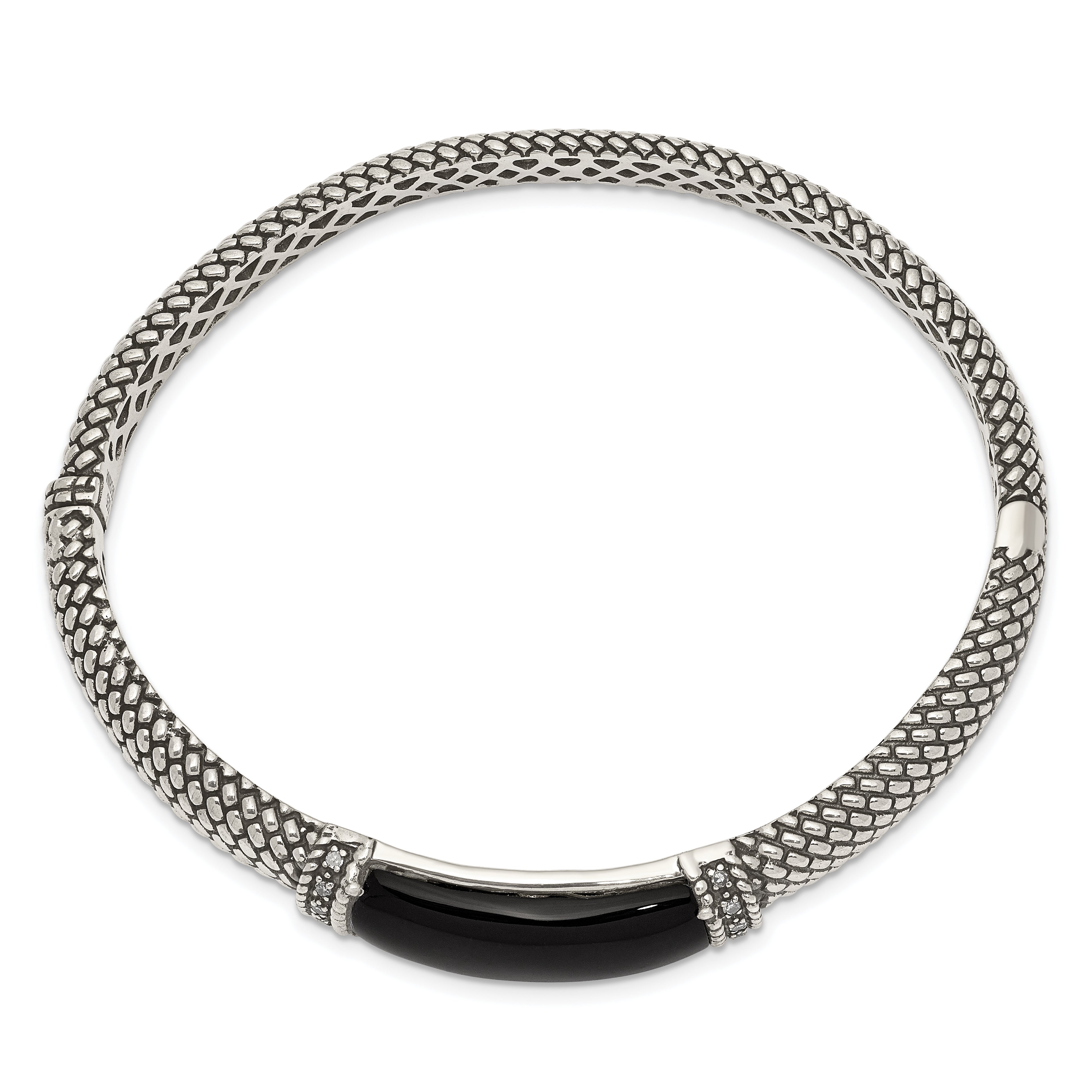 Sterling Silver Shey Couture Antiqued Black Onyx And Diamond Hinged Bangle Bracelet