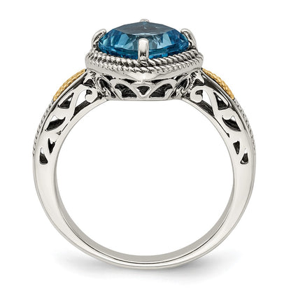 14K/Silver Two Tone Shey Couture Sterling Silver With 14K Accent Antiqued Cushion Blue Topaz Ring