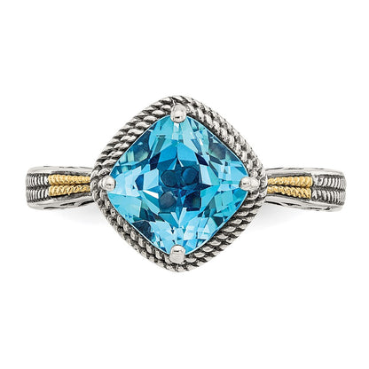 14K/Silver Two Tone Shey Couture Sterling Silver With 14K Accent Antiqued Cushion Blue Topaz Ring